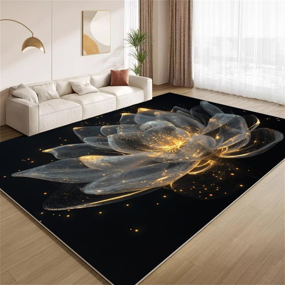Gold Lotus Flower Area Rugs, 3D Crystal Floral Carpet, Washable Non Slip Low Pile Soft Rug for Living Room Bedroom Study Office Home Decor Mat 5ftx7ft