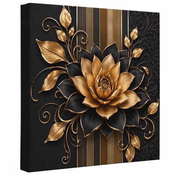 Gold Lotus Flower Canvas Wall Art Framed Wall Decor for Living Room Bedroom Bathroom, Luxury Vintage Black Lotus Petals Stripes Canvas Pictures Ready to Hang Decor, 8"x8"