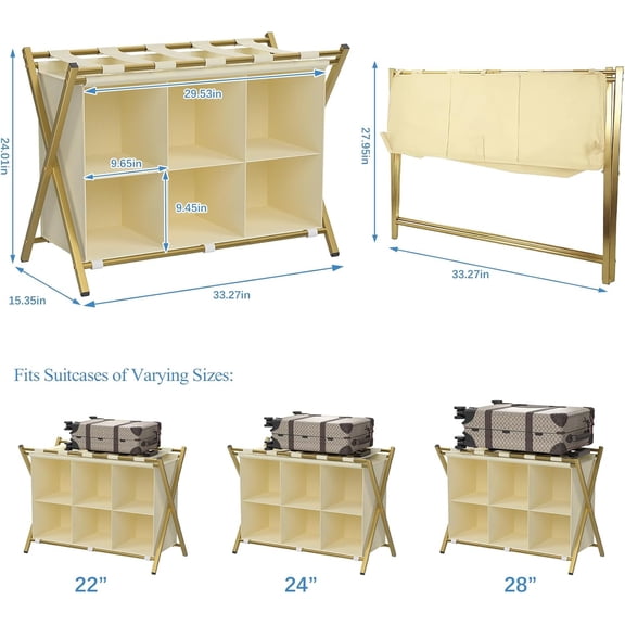Gold Luggage Rack with Storage Shelf, Foldable Suitcase Stand for Guest Room Hotel Bedroom