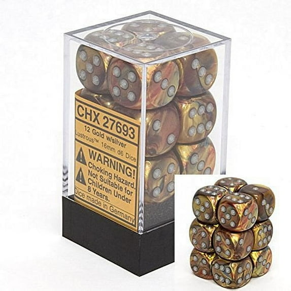 Gold Lustrous Dice with Silver Pips D6 16mm (5/8in) Pack of 12 Chessex