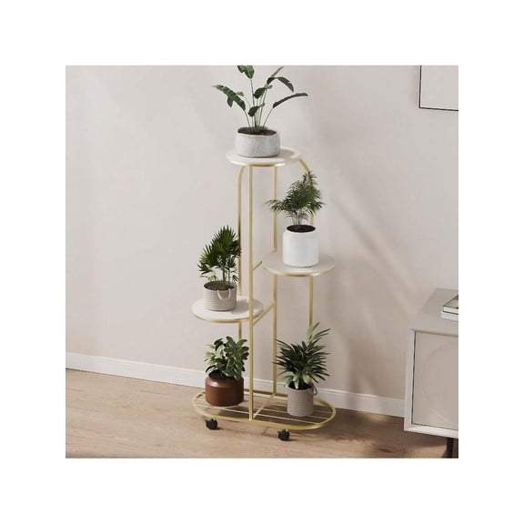 Gold-M 5 Tier Plant Stand Indoor, Flower Pot Holder With Wheels, Corner Tall Plant Shelf Display Stand For Multiple Plants, Large Modern Planter Stands For Living Room Balcony Office Matte Artificial
