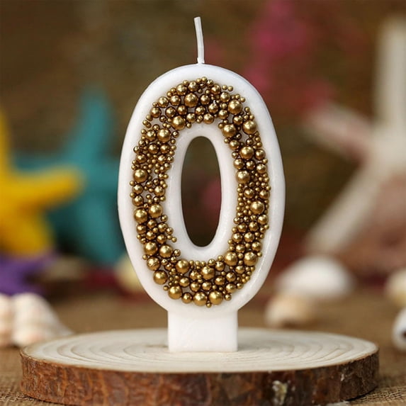 Gold Macaron Number Birthday Candle, Luxury Cake Decoration with Metallic Beads for Anniversary Party Celebration, Stable Wax Candle Accessory for Birthdays Weddings Events