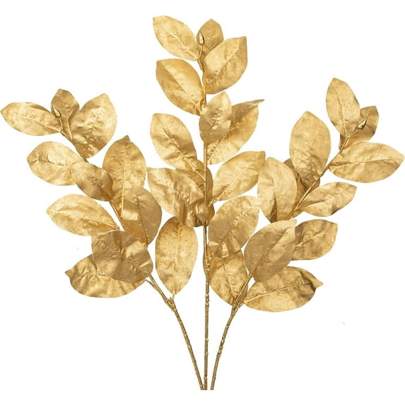 Gold Magnolia Leaves Branches, 3 Pack 28.7in Faux Magnolia Leaves Stems Artificial Christmas Greenery Branches for Xmas Home Vase Floral Arrangement
