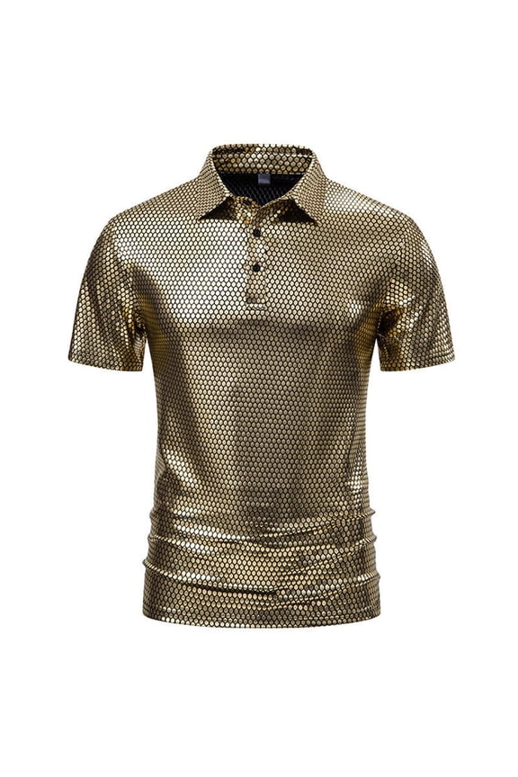 Gold Man Sequin Bling Dance Costumes Glitter Tshirts Tops Tee for Mens Short Sleeve Collared Turtleneck Neck Disco Clubwear Lounge Going Out Summer Fall Shirts 2026 XXL