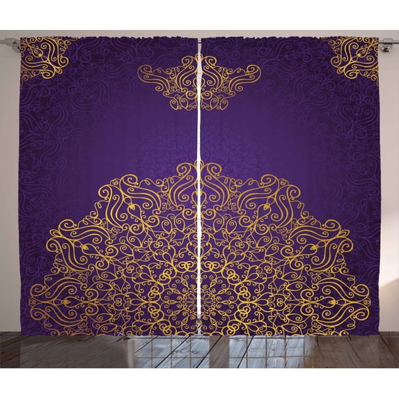 Ambesonne Mandala Curtains 2 Panel Set, Ornate Swirl Motif, 108" x 108", Purple Yellow