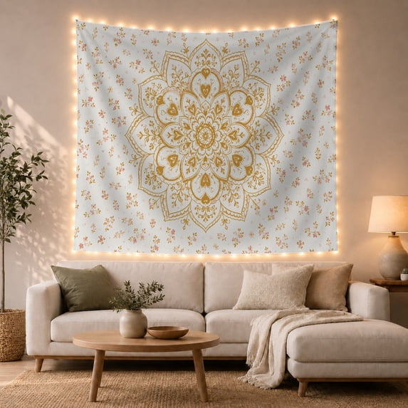 Gold Mandala with Floral Sprigs, Peaceful Boho for Meditation Enthusiasts, Botanical Wall Art, Housewarming Gift, Tapestry Wall Hanging for Bedroom and Living Room