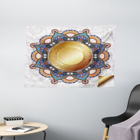 Gold Mandala Tapestry, Faded Floral Backdrop with Ornamental Leaf Like Figures and Gold Circle Arabic, Wall Hanging for Bedroom Living Room Dorm Decor, 60W X 40L Inches, Multicolor, by Ambesonne