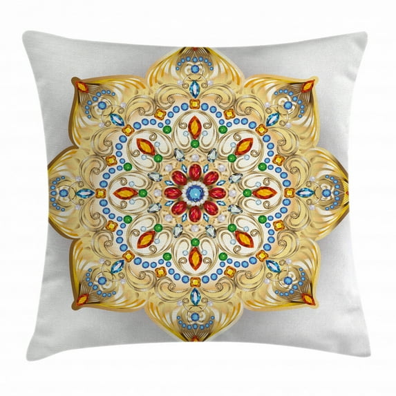 Gold Mandala Throw Pillow Cushion Cover, Brooch Inspired Design Mandala Geometric Vintage Lively Figure Digital Print, Decorative Square Accent Pillow Case, 16 X 16 Inches, Multicolor, by Ambesonne