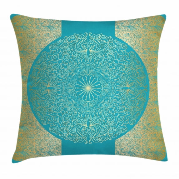 Gold Mandala Throw Pillow Cushion Cover, Vibrant Framework Design Circular Floral Figure and Borders Exotic Royal, Decorative Square Accent Pillow Case, 16 X 16 Inches, Sky Blue Gold, by Ambesonne