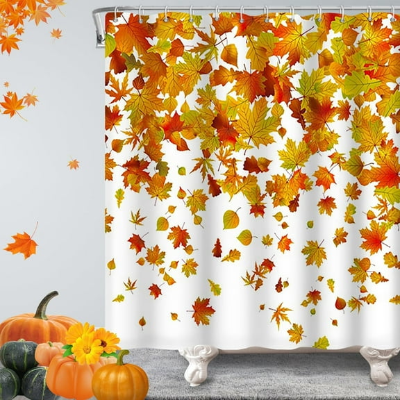Gold Maple Leaves Shower Curtain for Bathroom, Autumn Falling Yellow Leaves Shower Curtain Set with 12 Hooks, Fall Fabric Bathroom Curtain, 72H x 72W inches