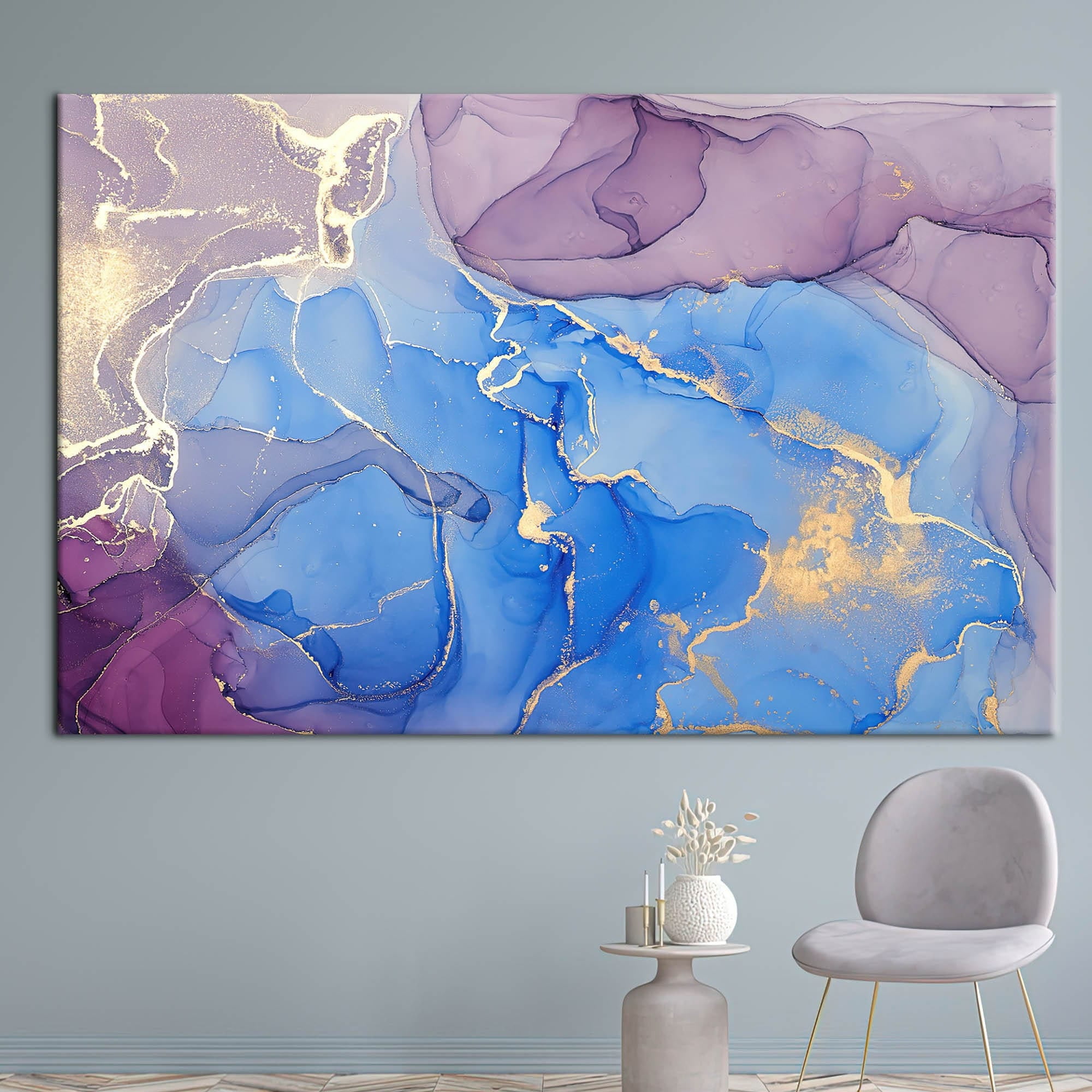 Gold Marble Art Canvas, Modern Printed, Alcohol Ink Wall Decor, Purple