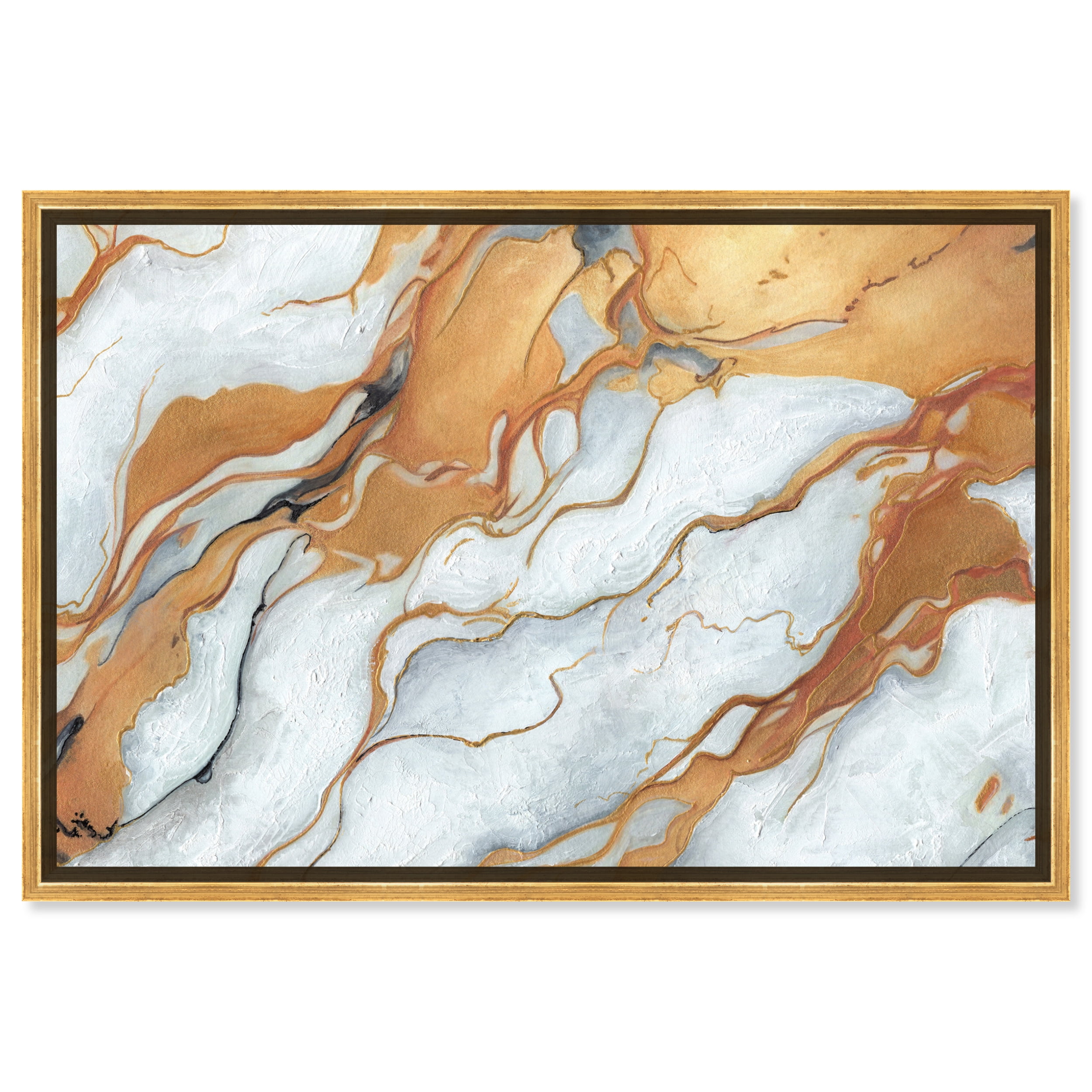 Gold and White Marble Abstract Canvas Wall Art with Gold Frame, 24" x 16"