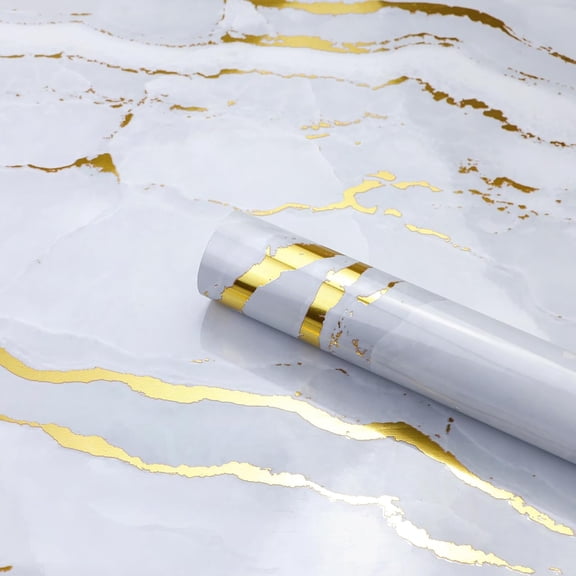 Gold Marble Contact Paper Glossy Thick Peel and Stick Wallpaper Waterproof Self Adhesive Removable Wall Paper for Countertop Furniture Kitchen Bathroom. Modern Gold and White 15.7"x78.7"