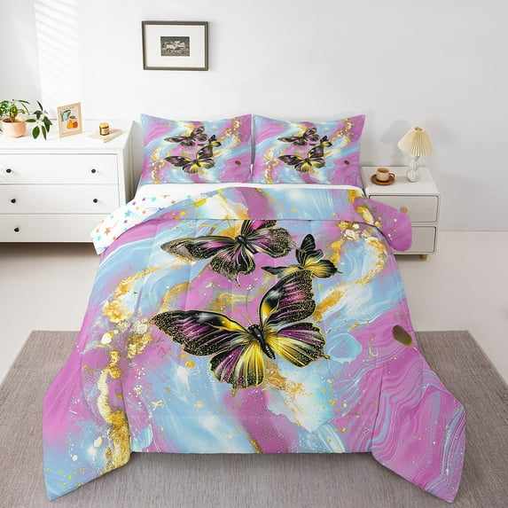 Gold Marble Queen Comforter Set Purple Butterfly Bedding Set,Teal Marbling Down Comforter Abstract Ombre Ink Fluid Art Quilt Set Aesthetic