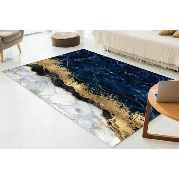 Gold Marble Rugs, Easy to Clean Rugs, Marble Rug, Navy Blue Marble Rug, Home Decor Rug, Blue Marble Rugs, Wedding Rug, Door Mat Rugs, 2'x3' - 60x90 cm