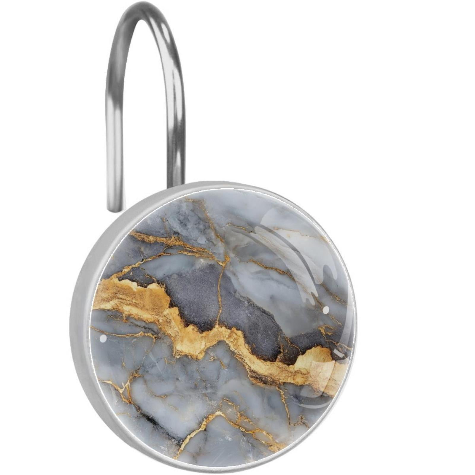 Gold Marble Shower Curtain Hooks Round Crystal Glass, Set of 12 Shower Curtain Rings - Shower Hooks for Curtain Shower Rings