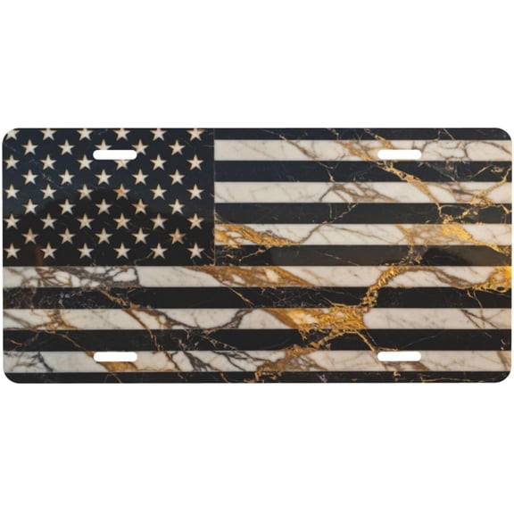 Gold Marble Stone Texture American Flag License Plate for Women Men Car Vanity Plates Decorative Aluminum Metal Novelty Front Plate 6x12 Inch (4 Holes) Birthday Christmas