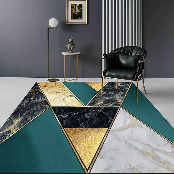 Gold Marble Striped Area Rugs, Teal Black Triangle Soft Washable Carpet, Upholstery Rug With Non-Slip Backing For Bedroom Living Room Study 2 x 3ft