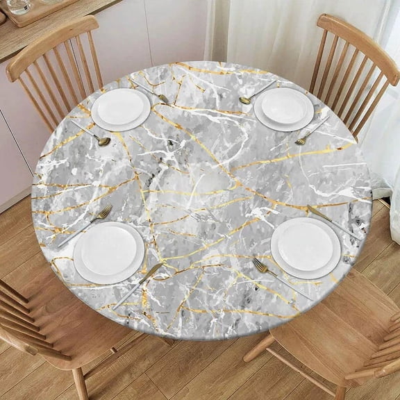 Gold Marble Surface Round Tablecloth Waterproof Elastic Edged Stone Texture Natural Print Fitted Table Cover for Indoor Outdoor