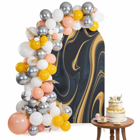 Gold Marble Texture Arch Backdrop Cover 7.2FT Abstract Navy Blue Gold Water Ripples Spandex Fitted Arch Covers Stretchy Backdrop Decoration for Wedding Birthday Graduation Party