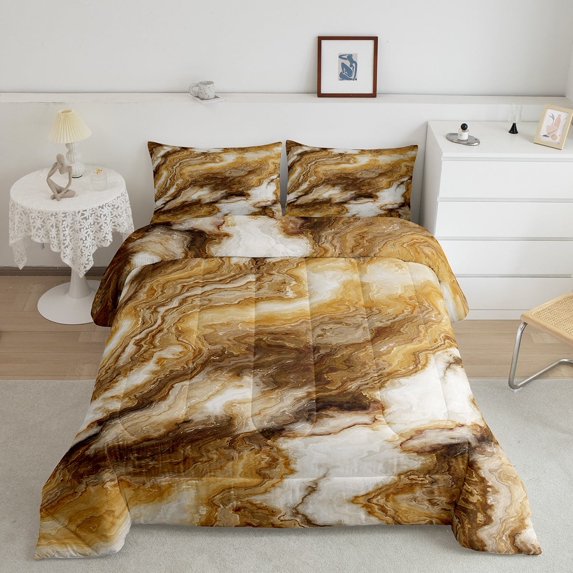 Gold Marbling Bedding Set King Brown Abstract Artwork Comforter Set, Colorful Foil Print Glitter Duvet Insert Golden Metallic Quilt Sets, Modern Geometric Bedding Comforters & Sets Breathable 3 Pieces
