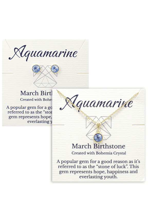 Gold March Birthstone Necklace and Stud Earrings Set with Bohemian Crystals, 14K Gold Plated, Birthday Month Gift, Great for Mom.