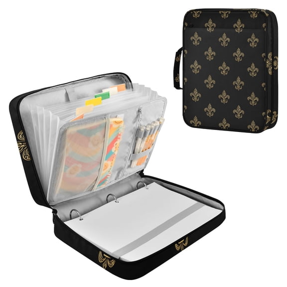 Gold Mardi-gras Flower Pattern Accordion File Organizer Expanding File Folder 3-Ring Binder Bag 500 Sheets A4 Size
