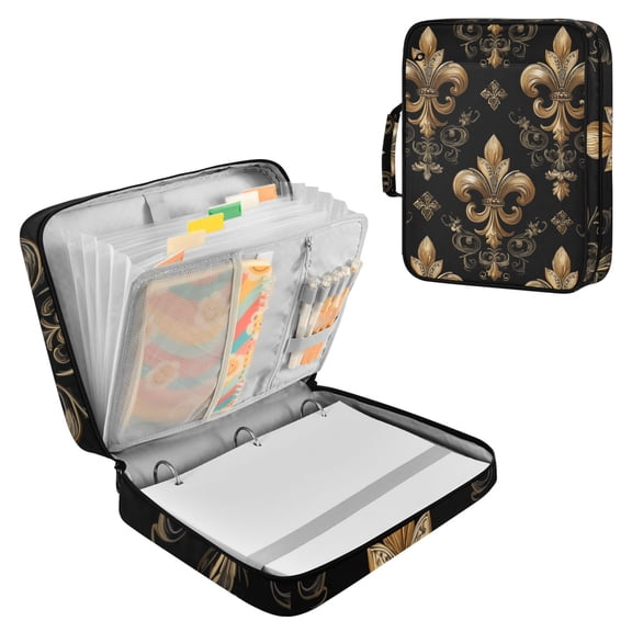 Gold Mardi-gras Flowers on Black Background Accordion File Organizer Expanding File Folder 3-Ring Binder Bag 500 Sheets A4 Size