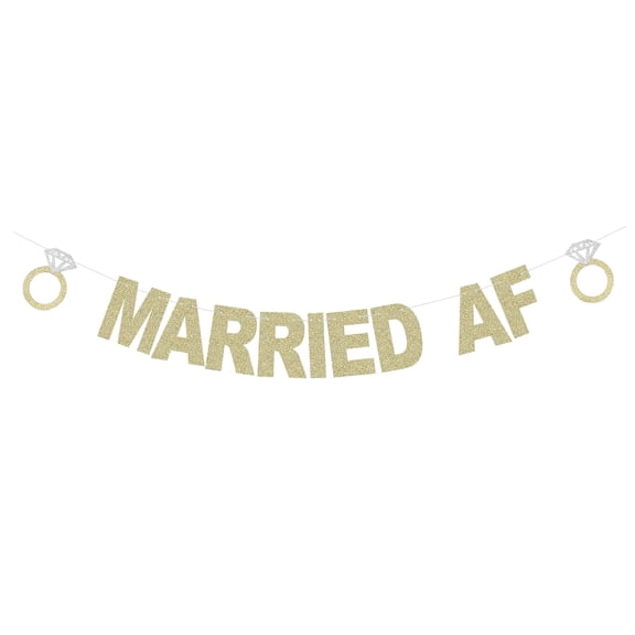 Gold Married AF Banner for Wedding Party Celebrating Decoration Glitter Paper Sign Diamond Ring Garland