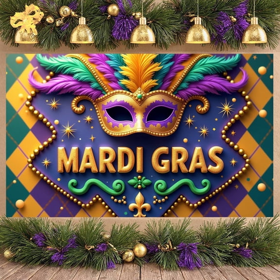 Gold Mask Mardi Gras Banner Purple Accent Carnival Display Colorful Checkerboard Beaded Trim Festive Backdrop for Mardi Gras Party Carnival Celebration Masquerade Ball