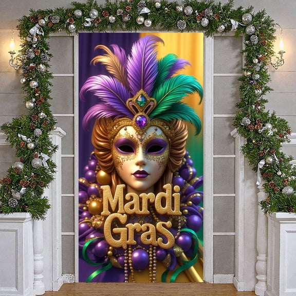 Gold Mask Mardi Gras Banner Purple Green Feathers Carnival Display Decor Ornate Pattern Masquerade Backdrop for Mardi Gras Party Carnival Celebration Masquerade Ball