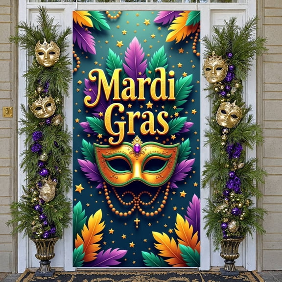 Gold Mask Mardi Gras Banner Purple Green Feathers Carnival Display Decor Ornate Pattern Masquerade Backdrop for Mardi Gras Party Carnival Celebration Masquerade Ball
