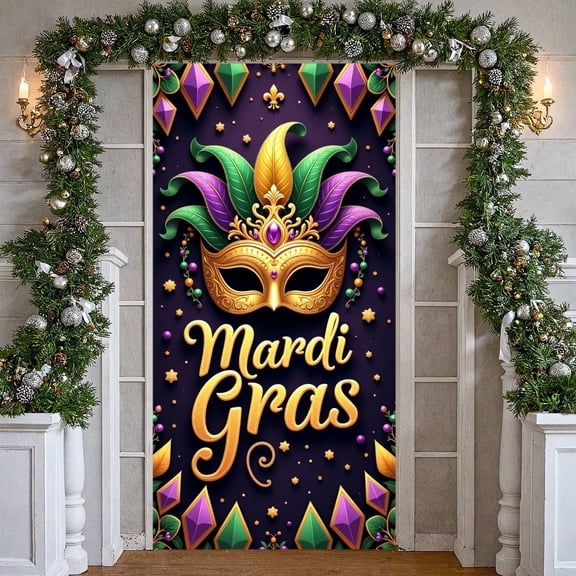 Gold Mask Mardi Gras Banner Purple Green Feathers Carnival Display Decor Ornate Pattern Masquerade Backdrop for Mardi Gras Party Carnival Celebration Masquerade Ball