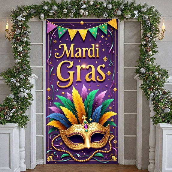 Gold Mask Mardi Gras Banner Purple Green Feathers Carnival Display Decor Ornate Pattern Masquerade Backdrop for Mardi Gras Party Carnival Celebration Masquerade Ball