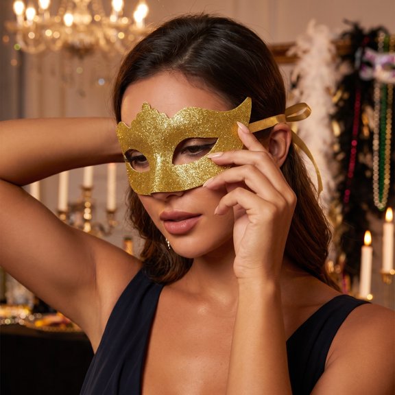 Gold Masquerade Mask 7 Inch, Glitter Venetian Style Face Cover Accessory for Mardi Gras Halloween Party Events, 1 Pack