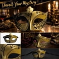 thumbnail image 1 of Gold Masquerade Mask, 7 Inch Half Face Venetian Style Mask for Masquerade Party Halloween Party Mardi Gras Events Black and Gold Glitter Decorated Eyewear Accessory, 1 Pack, 1 of 4