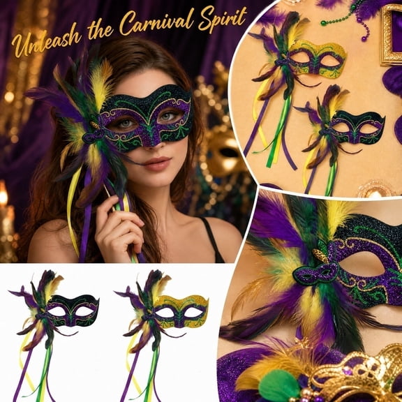 Gold Masquerade Mask, Half Face Mask with Purple Ribbon and Feathers, Masquerade Party Decorations Party Favor for Women Men
