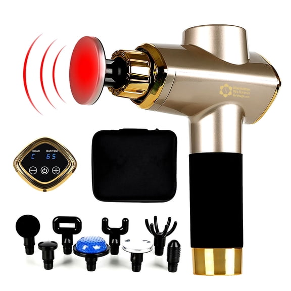 Gold Massage Gun With Heat Deep Tissue Muscle Massage Gun for Athlete with 8 Heads for Pain Relief, Neck, Shoulder, Back LCD Handheld Quiet Portable, Hot & Cold Heads, Adjustable Temperature (35-65)