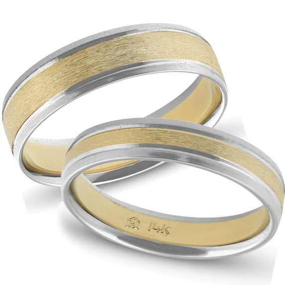 Pompeii3 Gold Matching Two Tone His Hers Wedding 14K Ring Set
