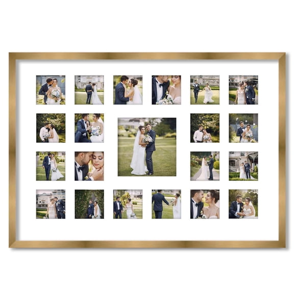 Gold Matted Wedding Photo Collage Frame - (20) 4" x 4" and (1) 8" x 8" Photos - Great For Pics