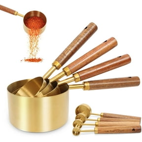 Gold Measuring Cups Set of 8, US Measurements with Metric and Fragrant Wood Handle, Stainless Steel Measuring Cups for Kitchen, Cooking, Baking, Dry & Liquid