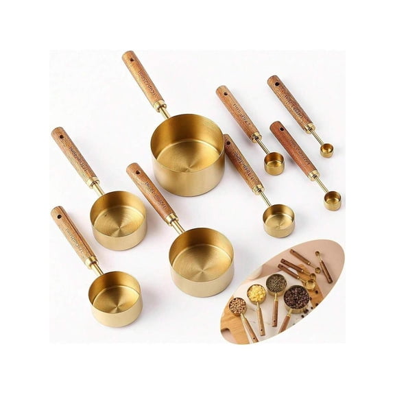 Gold Measuring Cups And Spoons Set With Fragrant Wood Handle, Measuring Cups, Metal Measuring Spoons And Measuring Cup Set For Cooking & Baking, Set Of 8 Pcs