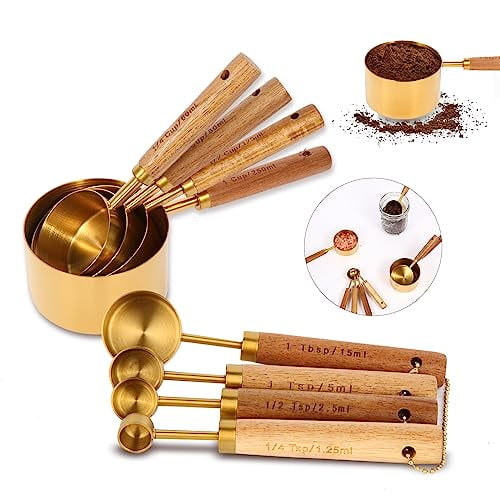 Gold Measuring Cups and Spoons Set with Fragrant Wood Handles,Premium Stainless Steel Measuring Spoons and Measuring Cups Set,For Cooking and Baking in the Kitchen (8 Piece)