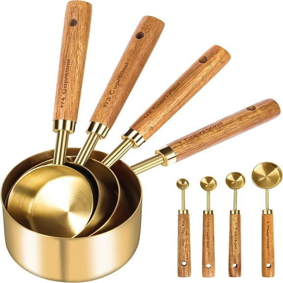 Gold Measuring Cups and Spoons set of 8, Wood Handle with Metric and US Measurements, Premium Stainless Steel, Golden Polished Finish, Dry & Liquid Measuring Cup for Cooking and Baking