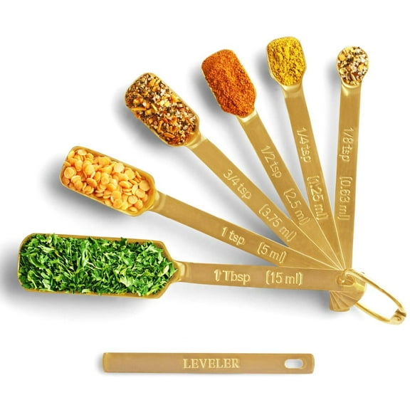 Gold Measuring Spoons Set of 7 Includes Bonus Leveler, for Baking/Cooking, Premium Kitchen use Stainless Steel Teaspoons, Rust Proof, Narrow Design fits into Spice Jars