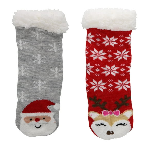 Gold Medal Kid's Thermal Non-Skid Holiday Christmas Slipper Socks (2pr) Red Dear & Grey Santa
