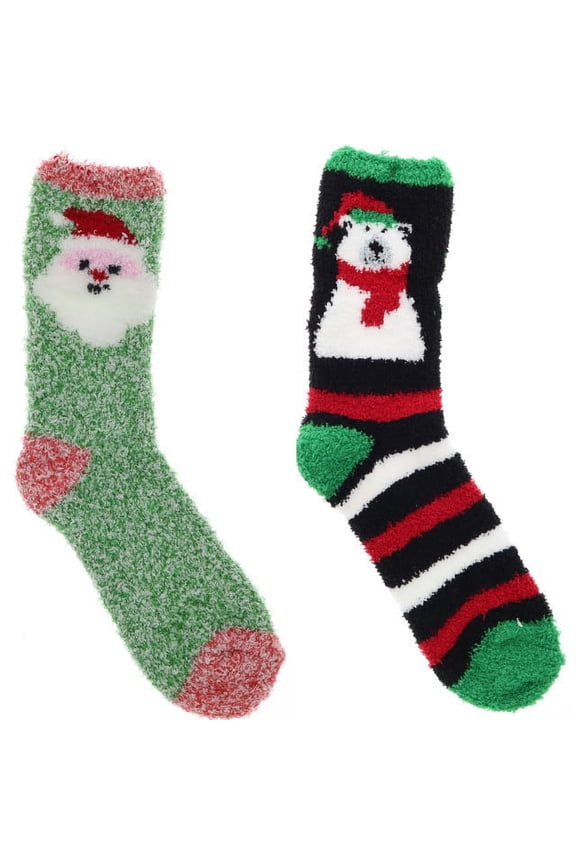 Women's Christmas Fuzzy Butter Slipper Socks (2 Pr) - Green Heather Santa & Black Polar Bear
