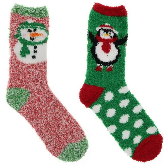 Gold Medal Women's Christmas Fuzzy Butter Slipper Socks (2 Pr) - Red Heather Snowman & Green Penguin
