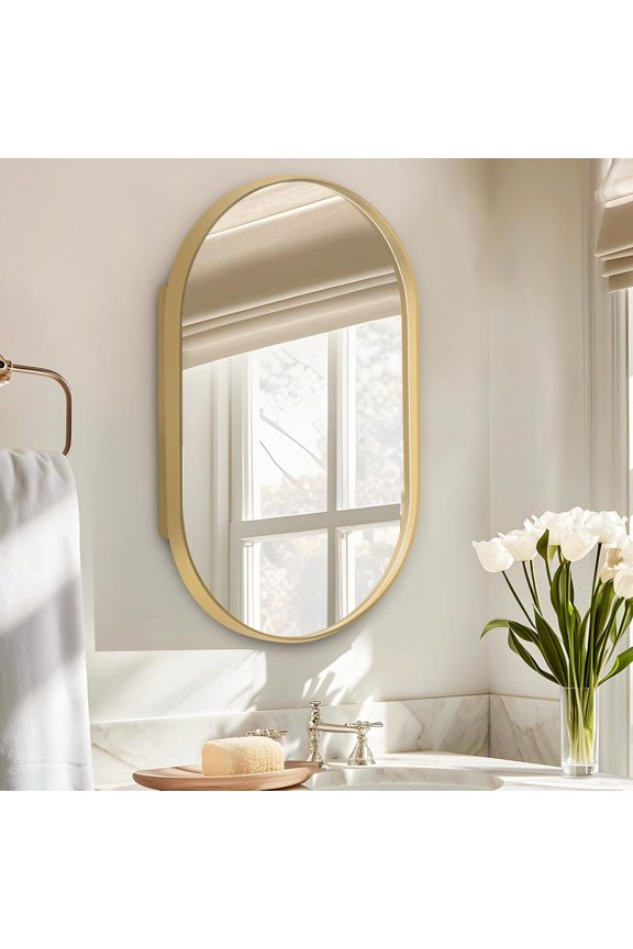 Gold Medicine Cabinet Mirror with 2 Storage Shelves, 34x20 Oval Recessed Medicine Cabinet with Beveled Edge Mirror for Bathroom, Wall Mounted Deep Metal Framed Mirror Cabinet