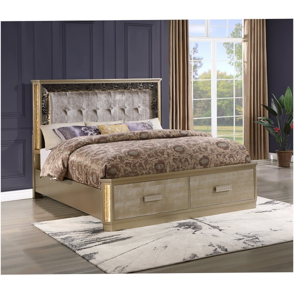 Gold Medusa Queen Storage Bed with LED Headboard and Upholstered Frame